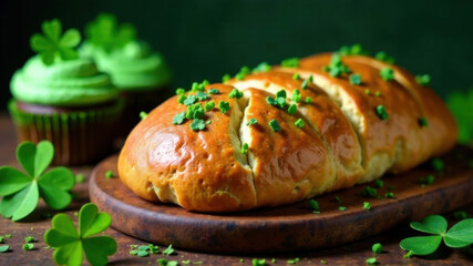 Traditional Irish dishes on a festive table: soda bread, green cupcakes, and clovers as decoration