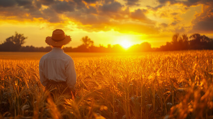 Fototapeta premium Scarecrow in cornfield, golden sunset, rural landscape, farm scene, agricultural setting, perfect for autumn, harvest and nature themes.