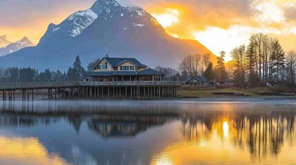 Obraz premium Sunrise over lake, house on stilts, mountains.