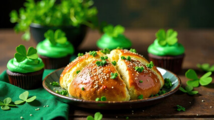 Traditional Irish dishes on a festive table: soda bread, green cupcakes, and clovers as decoration