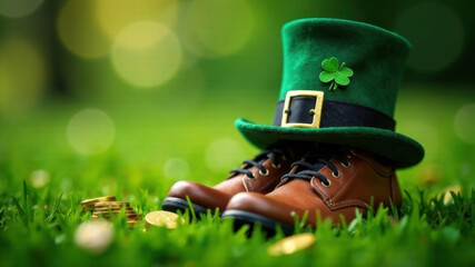 Leprechaun shoes and hat placed on a grassy field with golden coins scattered nearby