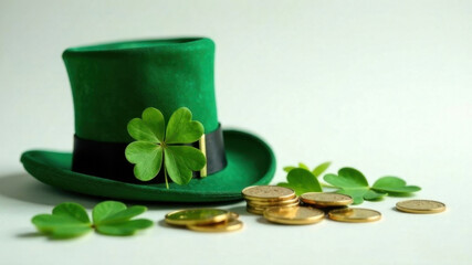 Clover, green coins, and Leprechaun hat placed on a white surface.