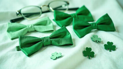Green glasses, bow ties, and shamrock pins arranged neatly on a white fabric.