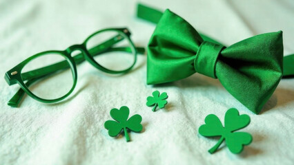 Green glasses, bow ties, and shamrock pins arranged neatly on a white fabric.