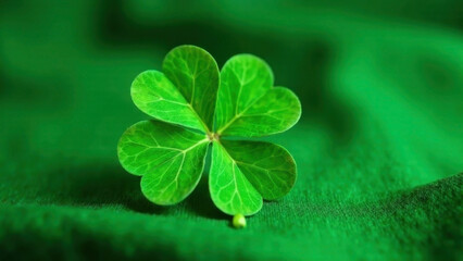 Large four-leaf clover resting on a vibrant green fabric. Copy space