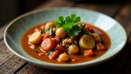 Plate of traditional Irish stew garnished with fresh clovers, on a rustic table