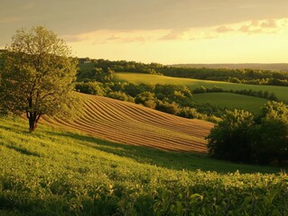 Golden hour paints agricultural fields and lush green hills at sunset creating an idyllic rural landscape