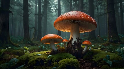 Fototapeta premium Enchanted Forest with Giant Mushrooms and Magical Sunlit Path V2
