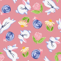 Easter bunnies in flowers on a pink background seamless pattern 