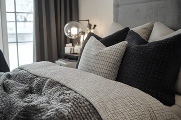 Stylish bedroom setup in a small apartment with a cozy comforter, decorative pillows, and a bedside lamp. Resident and Apartment Mockup and concept