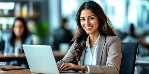 A busy young female executive working on her laptop in the office. A smiling Hispanic businesswoman, employed by the company, sits at her work desk, serving as a professional HR manager while focusing