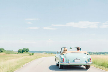 Vintage convertible car with couple driving through a scenic countryside