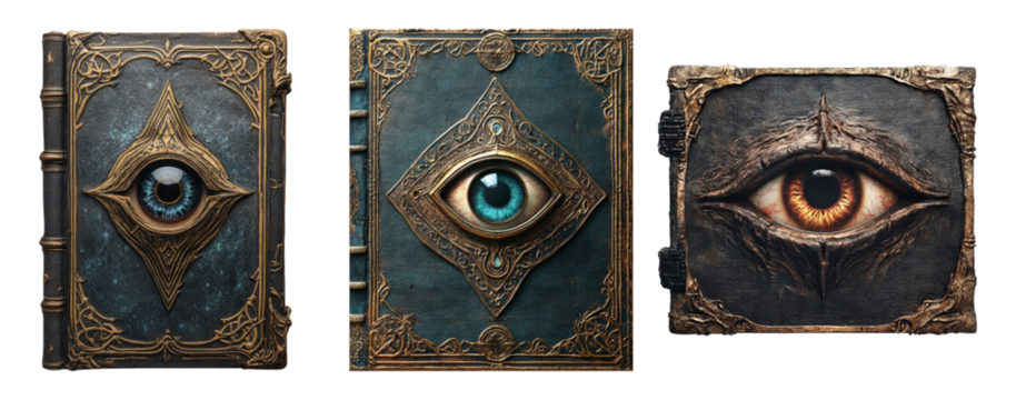 Fantasy Book Collection with Unique Cover Designs on Transparent Background