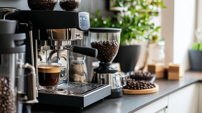 A modern coffee station with an espresso machine and a variety of coffee beans, symbolizing gourmet coffee culture at home, Coffee culture scene - Powered by Adobe