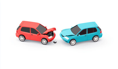 Fototapeta premium Red and blue cars involved in a collision, isolated on white background