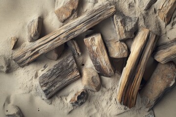 Driftwood scattered along a sandy beach, weathered by the sea and wind
