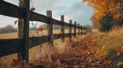 A rustic fence in the countryside with scattered autumn leaves, set against an open field that allows for text overlay
