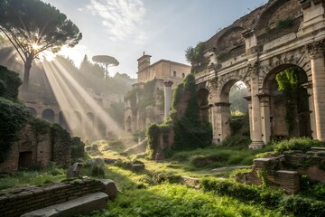 These images show ancient ruins bathed in soft, ethereal sunlight streaming through the trees.