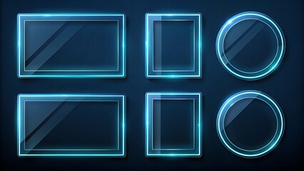 Blue neon glass panels in various shapes, featuring glowing light effects and dark textured backgrounds, perfect for UI design, futuristic themes, digital posters, or creative web layouts