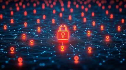 Cybersecurity Network: A glowing padlock icon stands out amidst a sea of interconnected nodes.
