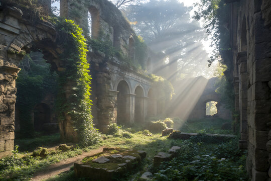 These images show ancient ruins bathed in soft, ethereal sunlight streaming through the trees.