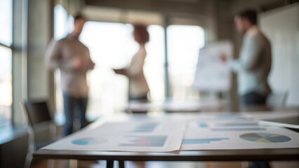 Team Strategy Session Blur: A collaborative meeting room scene with blurred team members discussing charts and graphs on a central table.
