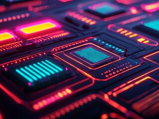 Fototapeta premium A vibrant, futuristic circuit board design with glowing elements in blue and pink, showcasing a digital technology theme.