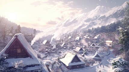 A Snowy Village Nestled In A Mountain Valley