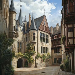 Fototapeta premium Charming Medieval Village Street with Historic Architecture, Gothic Towers, and Quaint Cobblestone Pathways Under a Clear Blue Sky