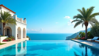 Fototapeta premium Luxury villa with infinity pool overlooking the ocean. Stunning coastal views and palm trees create a serene escape.