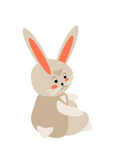Sitting half-turned gray cartoon rabbit. Vector illustration for design of cards, banners, invitations, packaging, prints for clothes