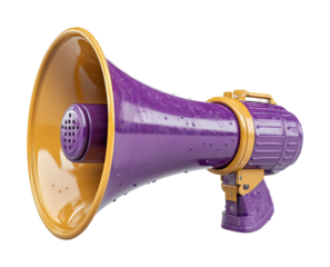 Vibrant purple and yellow megaphone icon studio setting high fidelity minimalist design creative concept isolated on transparent background png