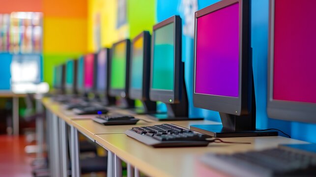 A side view close up of a school computer lab isolated on a colorful background