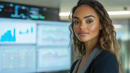 An attractive young woman in business attire, standing in front of a digital logistics dashboard in an office. Her sharp gaze is fixed on the data, with charts and shipping routes glowing