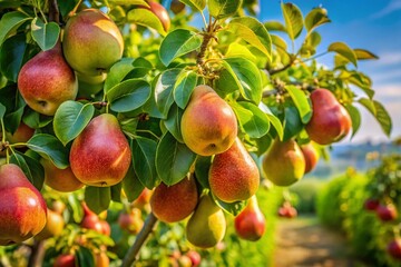 Obraz premium Panoramic View of Juicy Pears Hanging on Tree Branches in a Lush Fruit Orchard