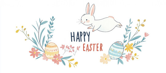 Fototapeta premium Easter bunny jumping over eggs with floral decorations and cheerful colors