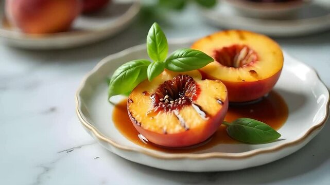 Grilled peach halves with a drizzle of balsamic reduction and fresh basil leaves garnishing the dish