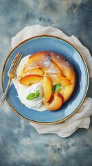 Juicy Peach Sponge Cake with peach slices and cream, captured on a cozy blue ceramic plate, sweet and comforting Hyper-quality professionnal photography, ultra detailed, high resolution