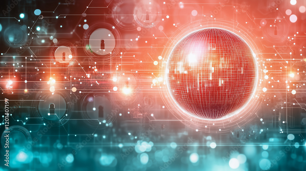 Poster cybersecurity sphere: a mesmerizing abstract sphere pulsates with digital energy, surrounded by swir