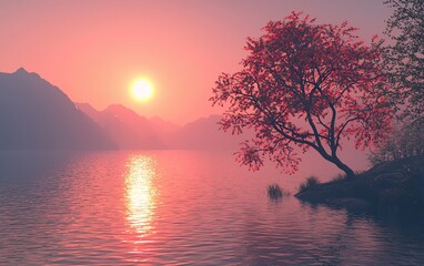 Serene sunset over calm lake with solitary red tree.