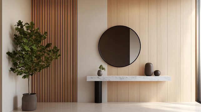 Modern entryway with a marble console table, wooden wall cladding, and minimalist decor for a welcoming atmosphere. interior design concept 