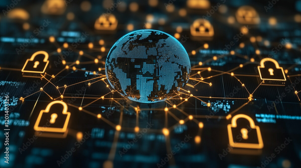 Poster global cyber security: a 3d rendering of a globe surrounded by glowing padlock symbols connected by 