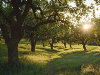 Obraz premium Sunlight streams through trees on a pathway in a serene landscape at sunset