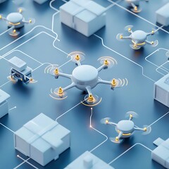 A bird's-eye view of a distribution center surrounded by a fleet of delivery drones.