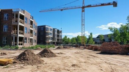Fototapeta premium A tower crane operating at a modern townhouse development, with partially completed homes and piles of bricks in the foreground