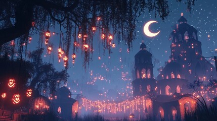 Obraz premium Enchanting Night Scene with Illuminated Buildings and Trees