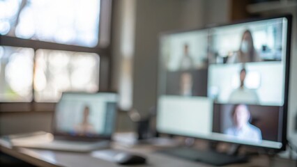 Virtual Collaboration Session Blur: A digital workspace with blurred participants on screens during a hybrid or virtual meeting.
