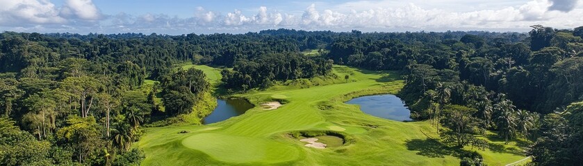 Tropical golf course aerial view, lush forest background, sunny day, leisure activity