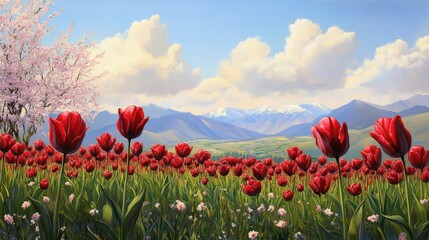 Naklejka premium A vibrant field of red tulips bordered by blooming cherry blossoms, with a sunny sky and distant mountains