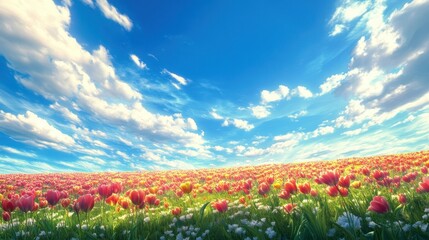 A vibrant field of tulips stretching endlessly into the horizon, with white clouds scattered in the bright blue sky above.
